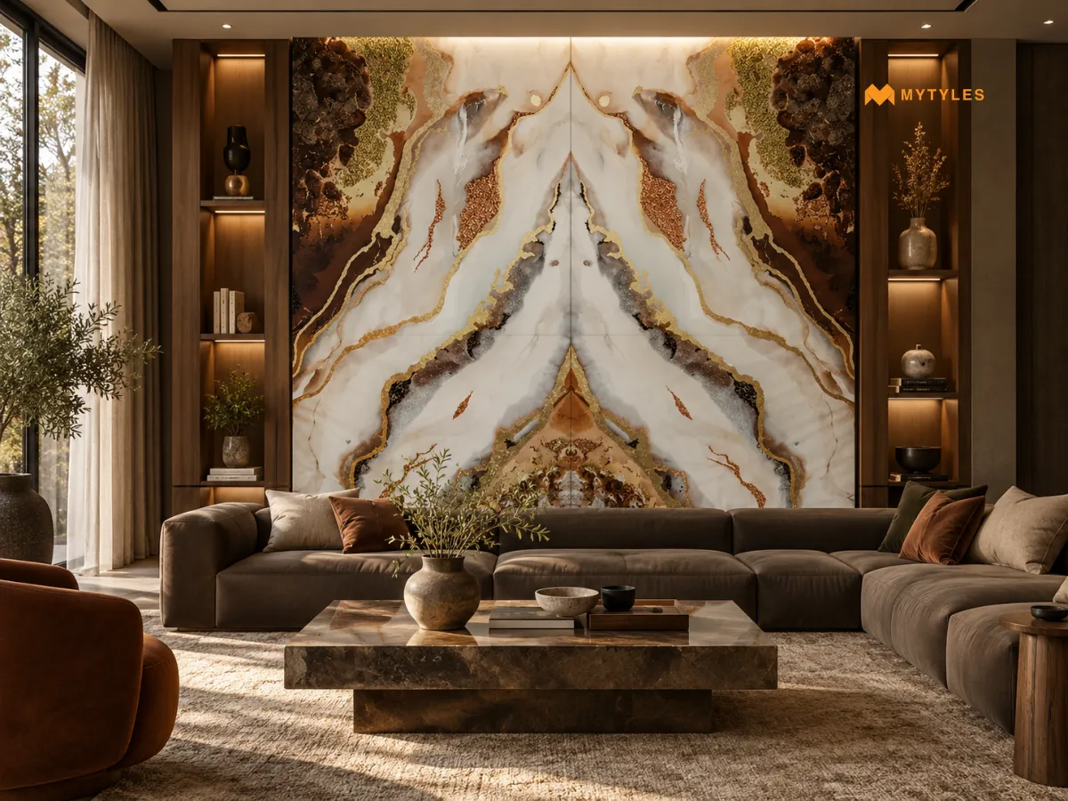 Bookmatch Tile in living room